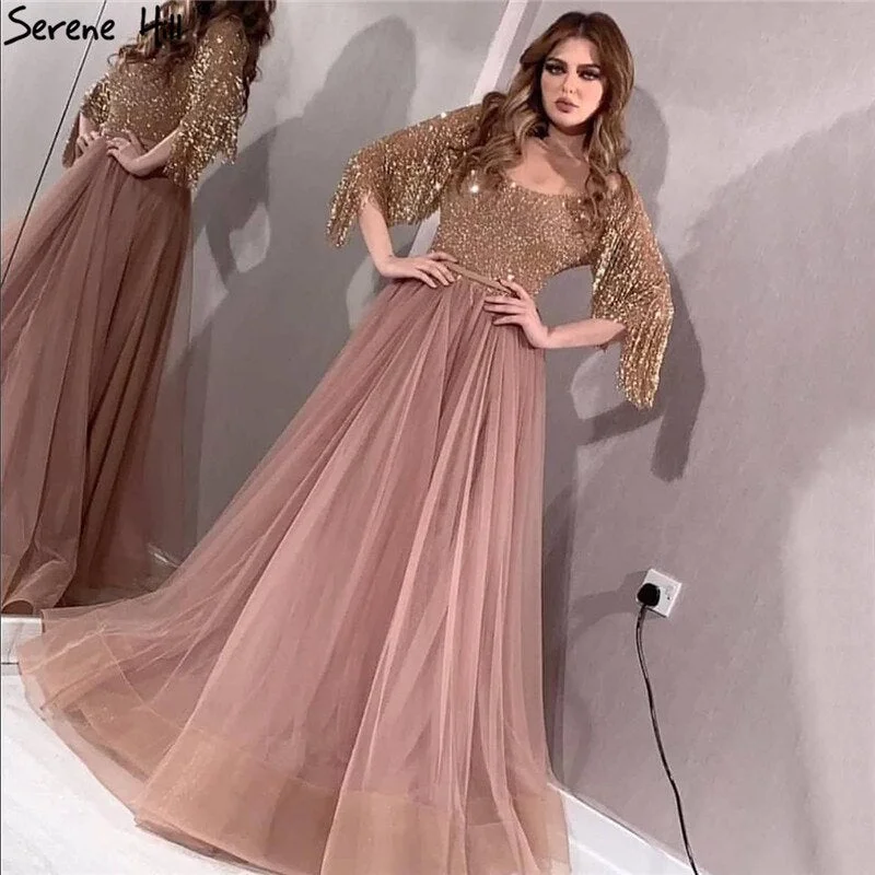 Rose Gold O-Neck Sequined Evening Dresses 2024 A-Line Latest Design Sexy Sparkle Formal Dress Serene Hill LA60976