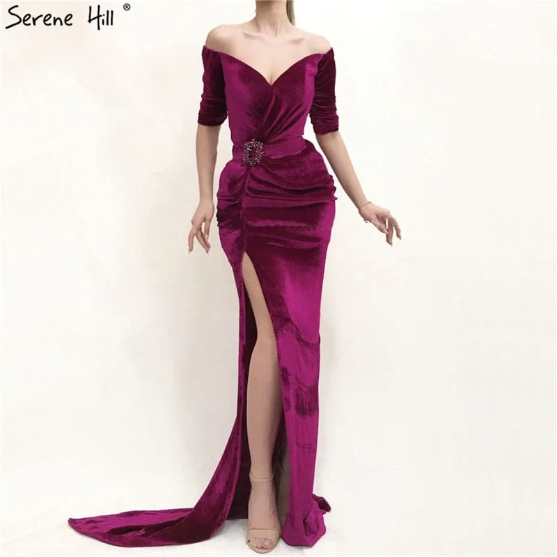 Rose Off Shoulder Half Sleeve Evening Dresses Latest Design Mermaid Sexy Evening Gowns 2024 Serene Hill LA60894