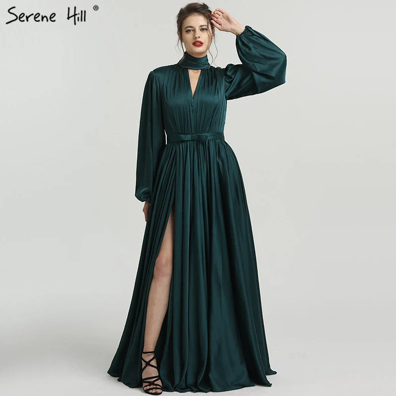 On Sale no return no refundSale Satin High Collar Evening Dresses Long Sleeves Beach Formal Evening Gowns LA6517