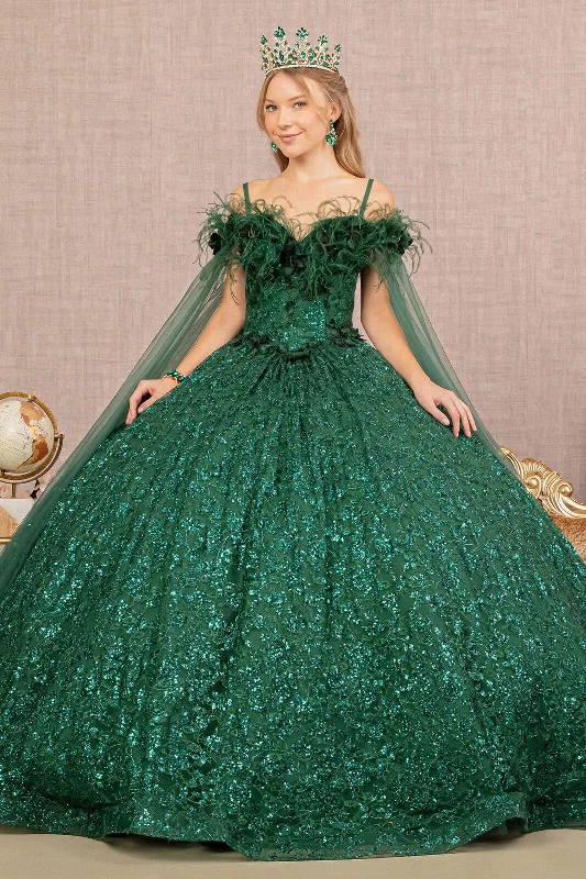 Sequin Cape Sleeve Feather Ball Gown by Elizabeth K GL3169