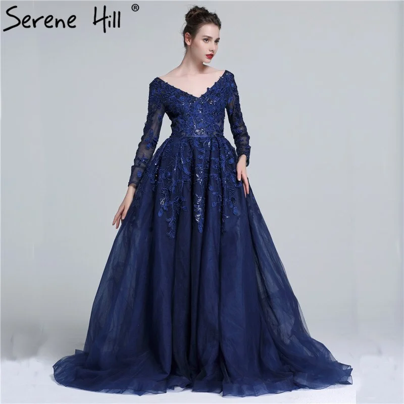 Sale Serene Hill 2024 Dark Blue Deep-V Tulle Evening Dresses Newest Long Sleeve Appliques Sequined Gowns LA6099