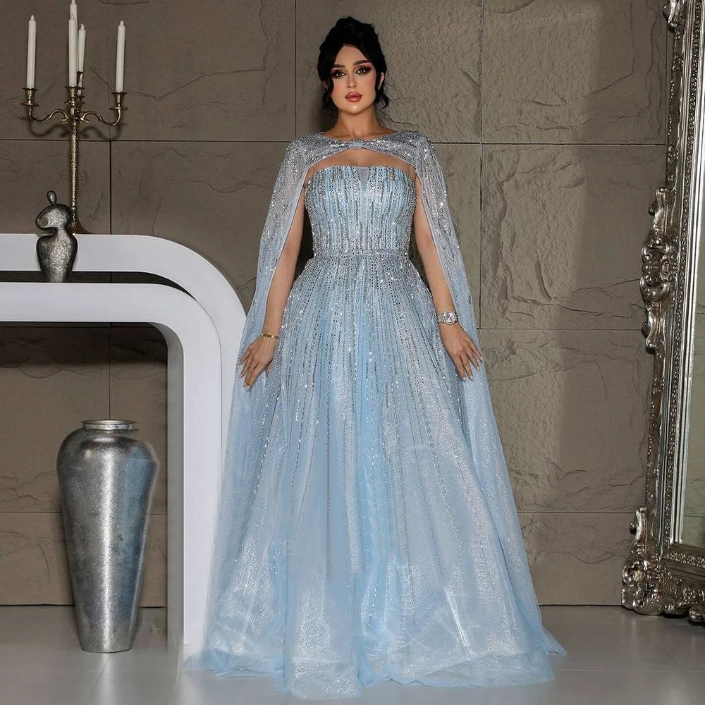 Serene Hill 2024 Arabic Blue Cape Sleeves A-Line Beaded Evening Dresses Long Celebrity Gowns for Women Wedding Party LA72427