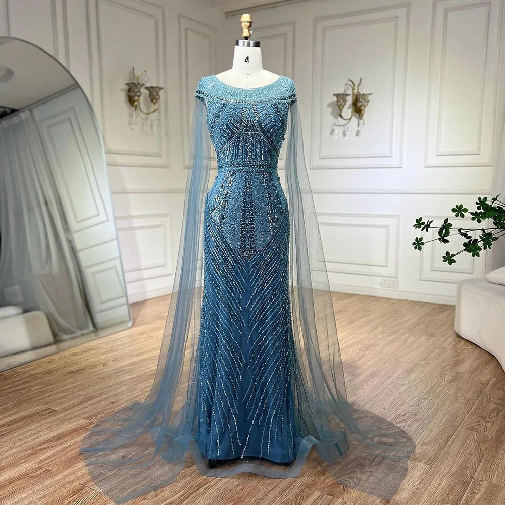 Serene Hill 2024 Arabic Blue Mermaid Elegant Cape Sleeves Beaded Luxury Evening Dresses Gowns for Women Wedding Party LA72423