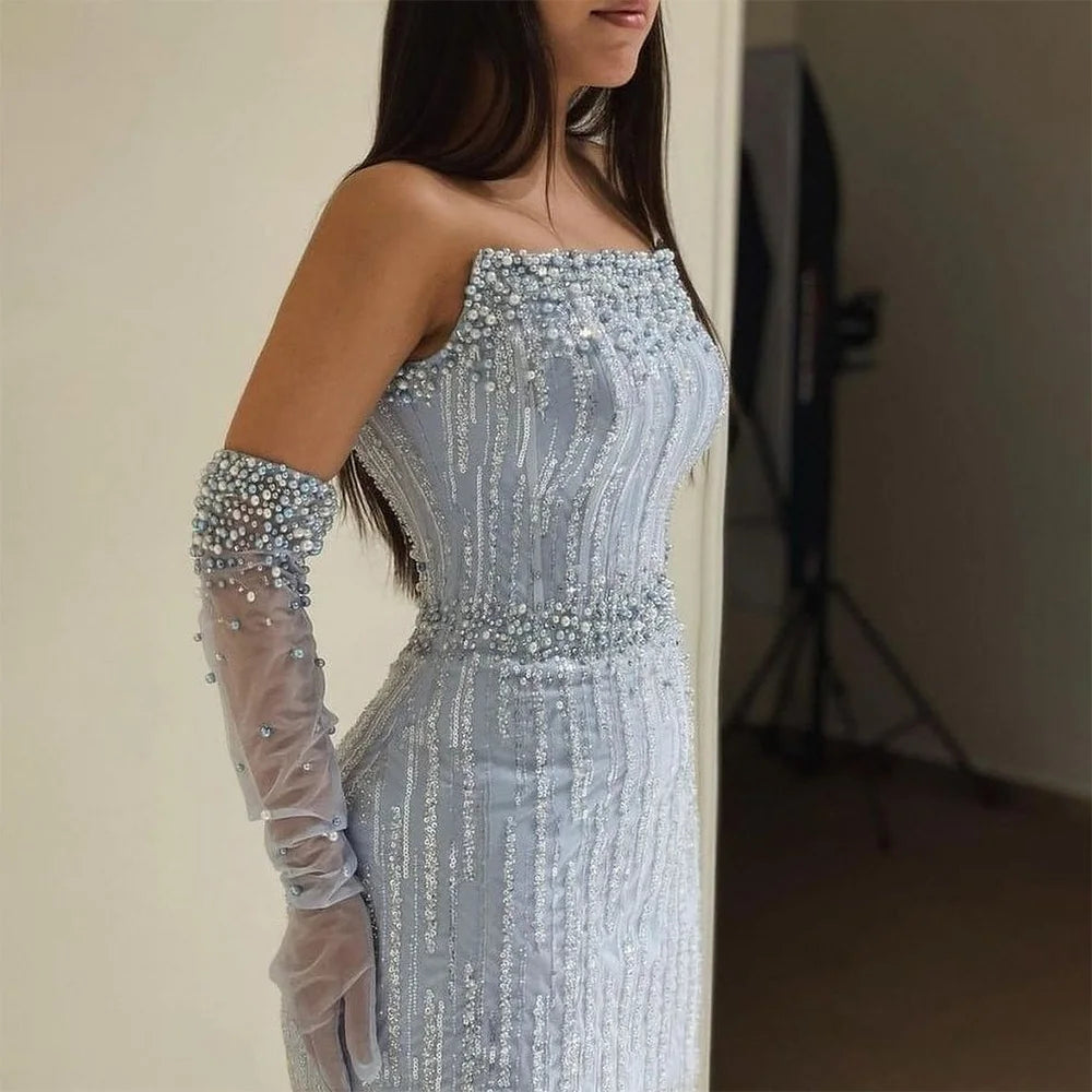 Serene Hill 2024 Arabic Blue Mermaid Luxury Evening Gown Strapless With Gloves Beaded Party Dress for Women's Wedding LA71950