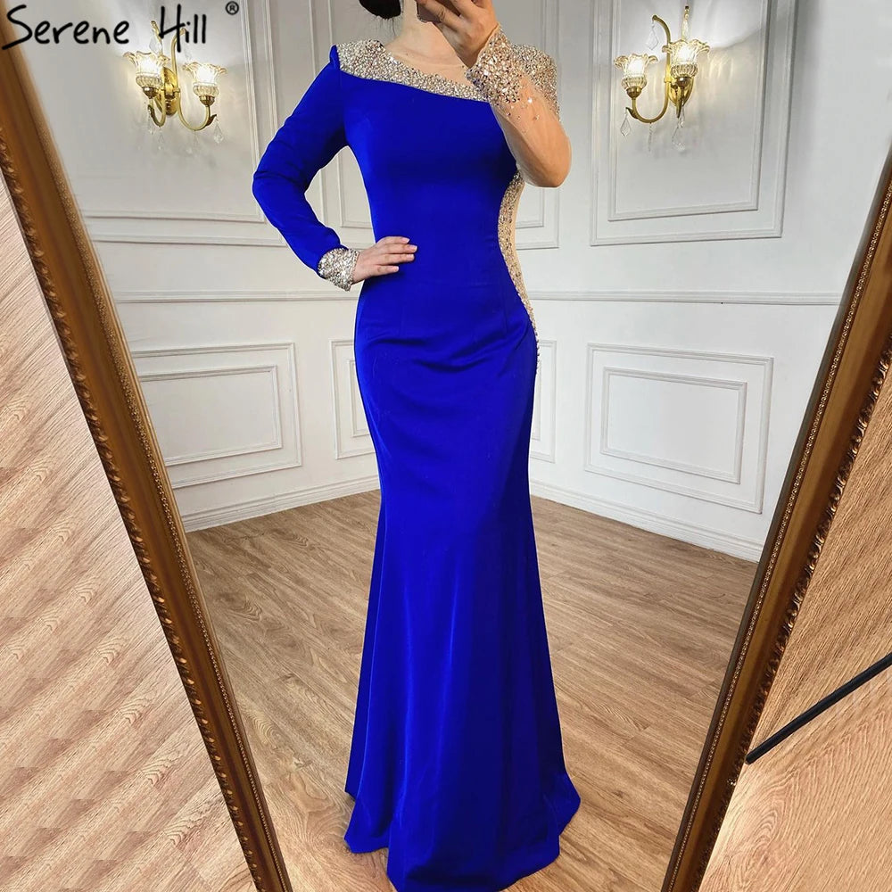 Serene Hill 2024 Arabic Blue Satin Mermaid White Evening Gowns Elegant Beaded for Women Wedding Party LA71152