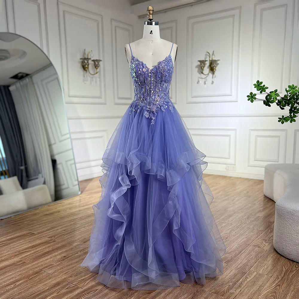 Serene Hill 2024 Arabic Blue Spaghetti Strap A-Line Tiered Lace Appliques Luxury Evening Dress for Women's Party LA72617