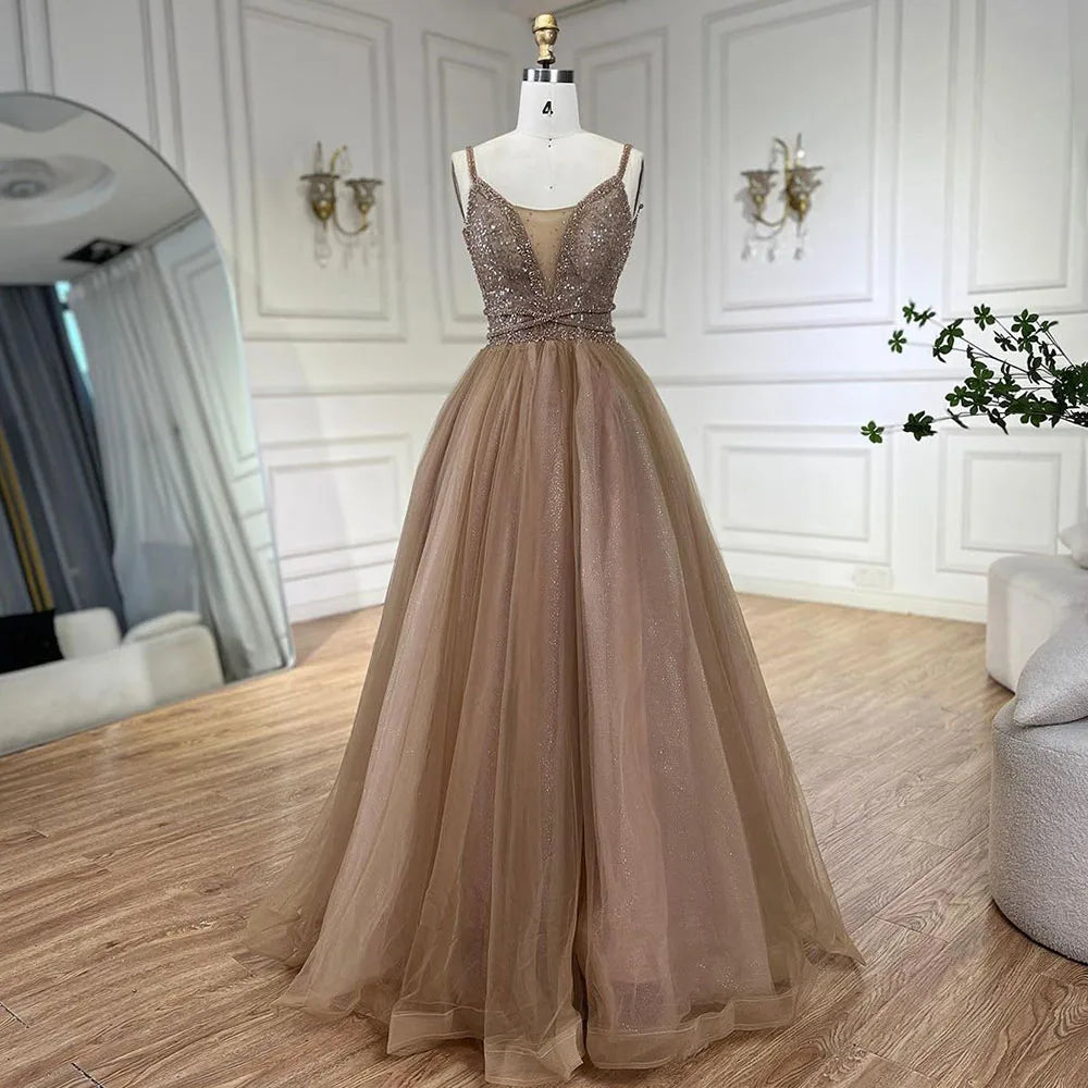 Serene Hill 2024 Arabic Carame A Line Spaghetti Strap Beaded Luxury Dubai Evening Dresses Gowns For Women Wedding Party LA70495