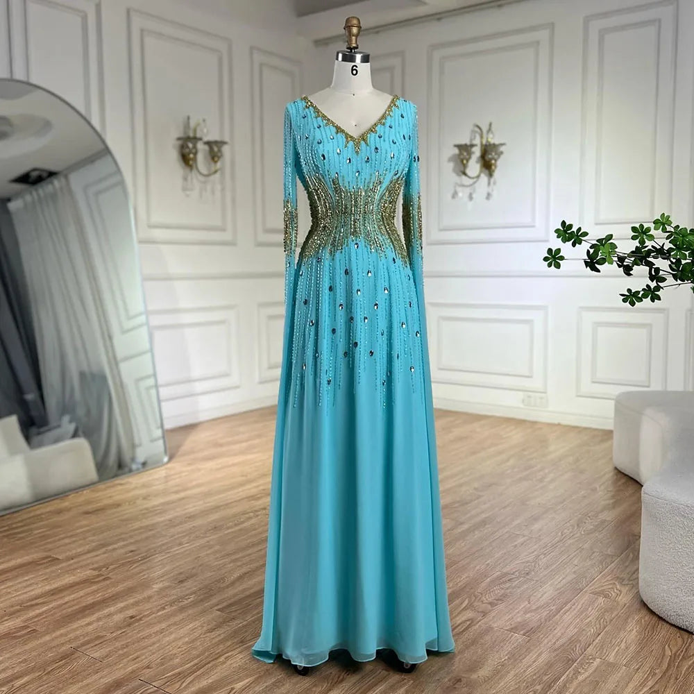 Serene Hill 2024 Arabic Elegant Blue Cape Sleeves Beaded Mermaid Evening Gown for Women's Wedding Party LA72609