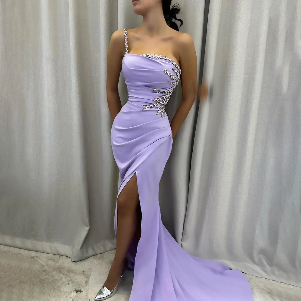 SERENE HILL 2024 Arabic Elegant Lilac Satin Mermaid One Shoulder Beaded Evening Dress Women's Party Gown with High Split LA72331