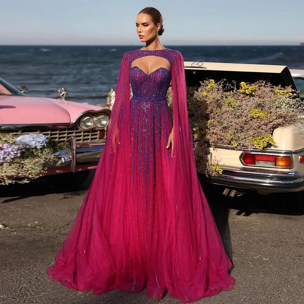 Serene Hill 2024 Arabic Fuchsia Cape Sleeves A Line Beaded Evening Dresses Long Celebrity Gowns for Woman Wedding Party LA72433