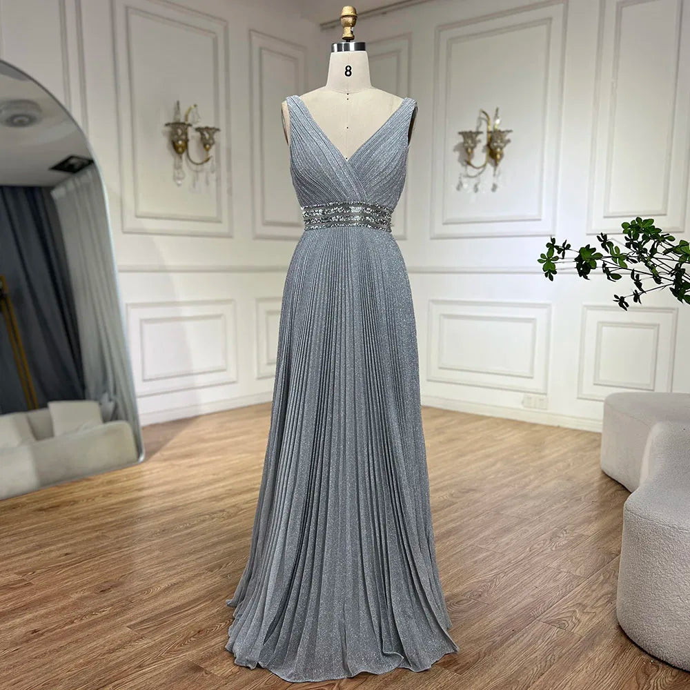 Serene Hill 2024 Arabic Gray Mermaid Spaghetti Strap Luxury Evening Gown with  for Women's Wedding Party LA72628