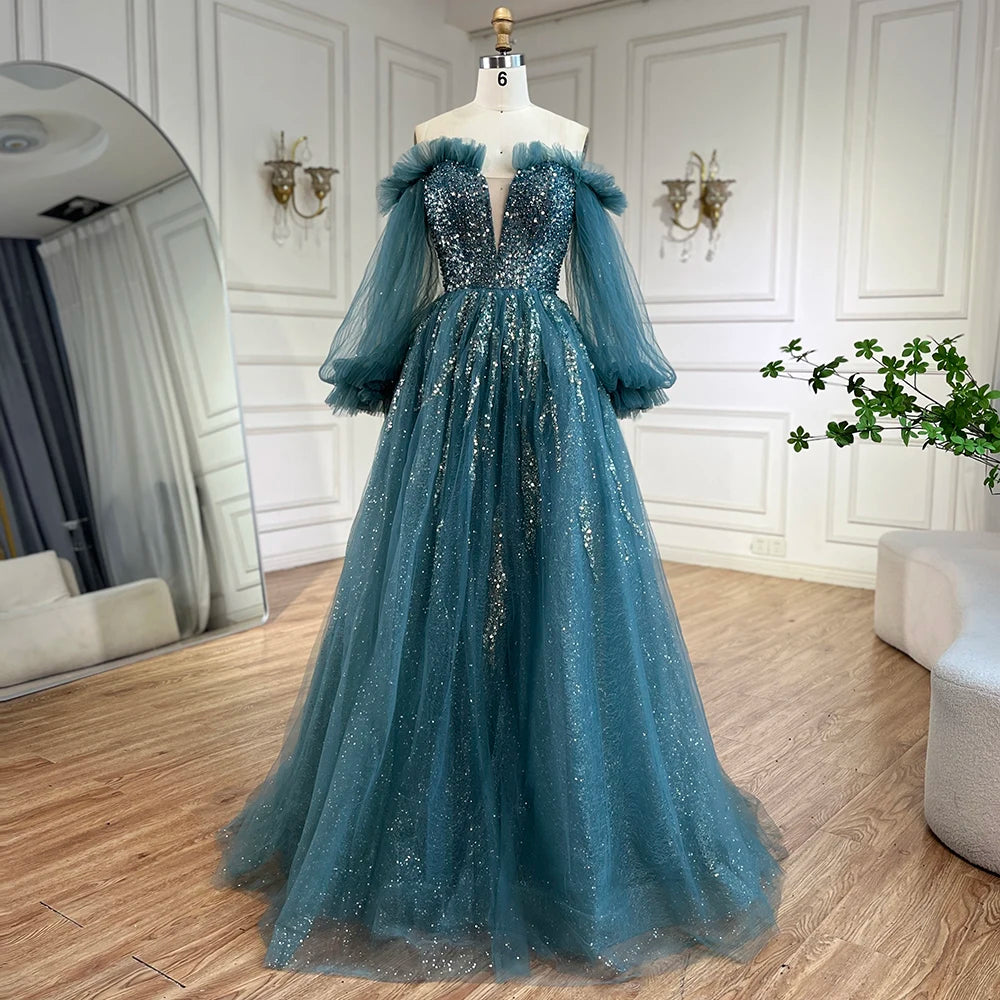 Serene Hill 2024 Arabic Green A-Line Elegant Beaded Luxury Evening Gowns with Puff Sleeves for Women Party LA72655