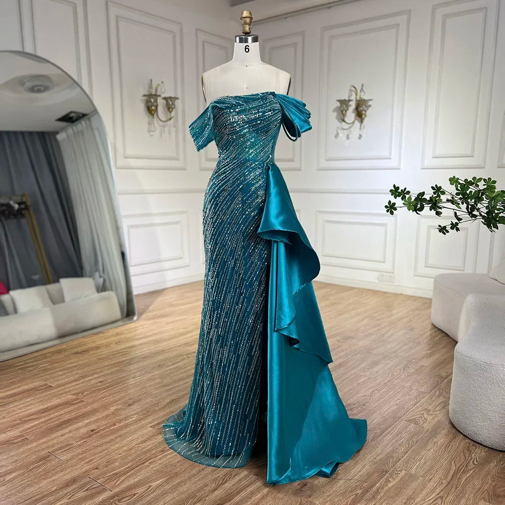 Serene Hill 2024 Arabic Green Mermaid Overskirt Luxury Beaded Long Evening Gowns with Split for Women Wedding Party LA72633