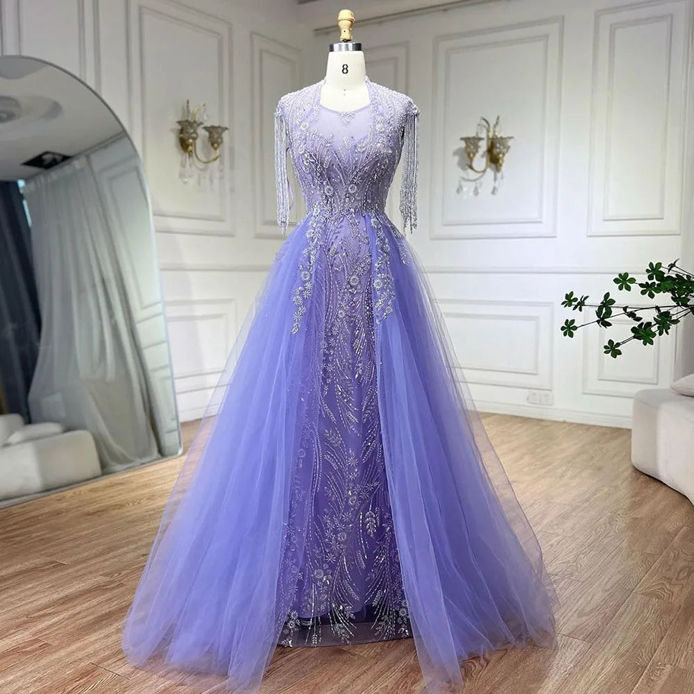 Serene Hill 2024 Arabic lilac Elegant A Line Beaded Tassel Luxury Dubai Evening Dresses Gowns for Woman Wedding Party LA72422