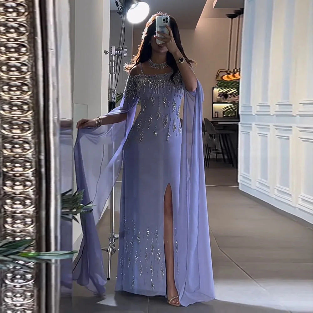 Serene Hill 2024 Arabic lilac Mermaid Cape Sleeve High Split Beaded Luxury Evening Dresses Gowns for Women Wedding Party LA72407