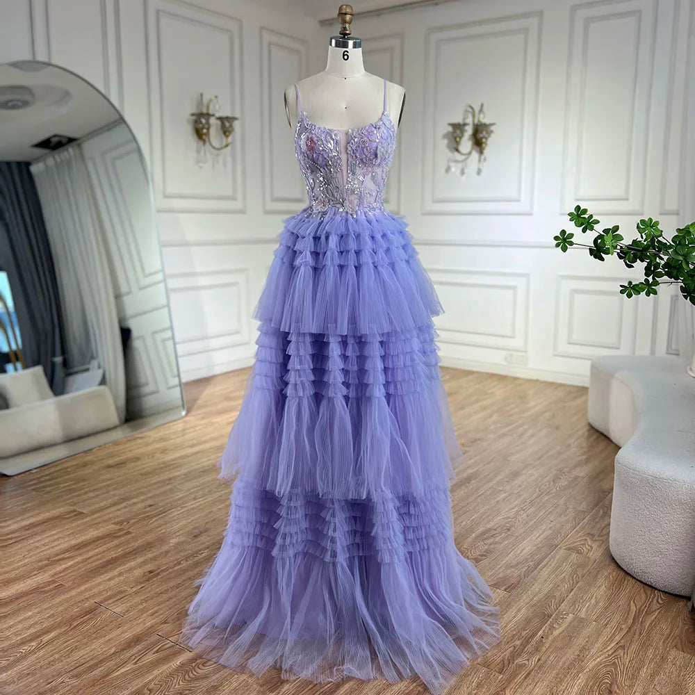 Serene Hill 2024 Arabic Lilac Spaghetti Strap Tiered A-Line Lace Appliques Luxury Evening Gown for Women's Party LA72618