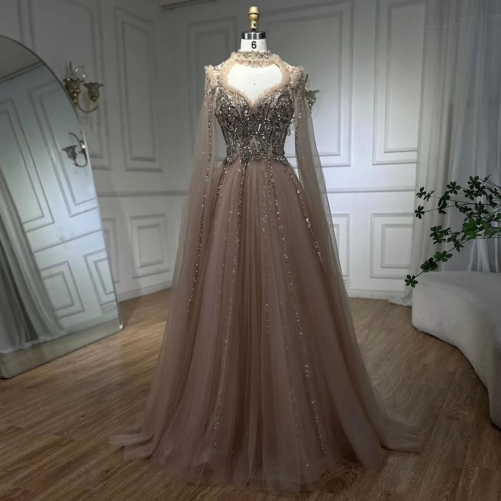 Serene Hill 2024 Arabic Nude A Line Elegant Cape Sleeves Beaded Luxury Evening Dresses Gowns for Women Wedding Party LA72384