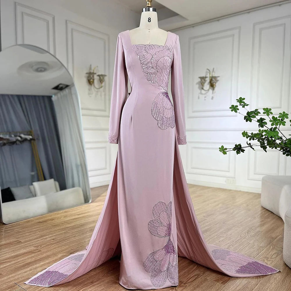 Serene Hill 2024 Arabic Pink Mermaid Elegant Beaded Satin Luxury Dubai Evening Dresses Gowns For Women Party LA72001A