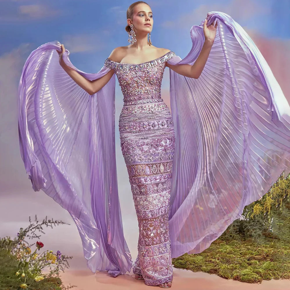 Serene Hill 2024 Arabic Purple Cape Sleeves Mermaid Dubai Beaded Luxury Evening Dresses for Women Wedding Party Gowns LA72175