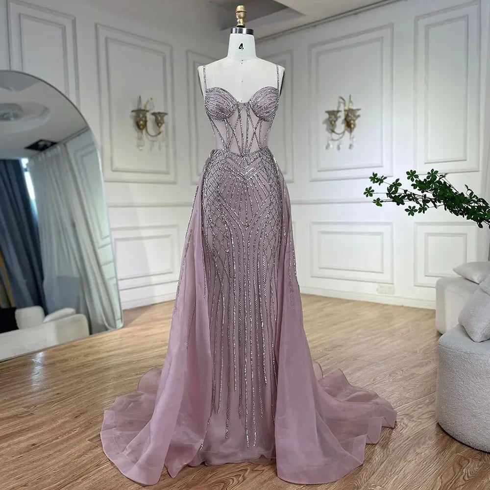 Serene Hill 2024 Arabic Spaghetti Strap Pink Mermaid Overskirt Beaded Evening Dresses Gowns for Women Wedding Party LA72451