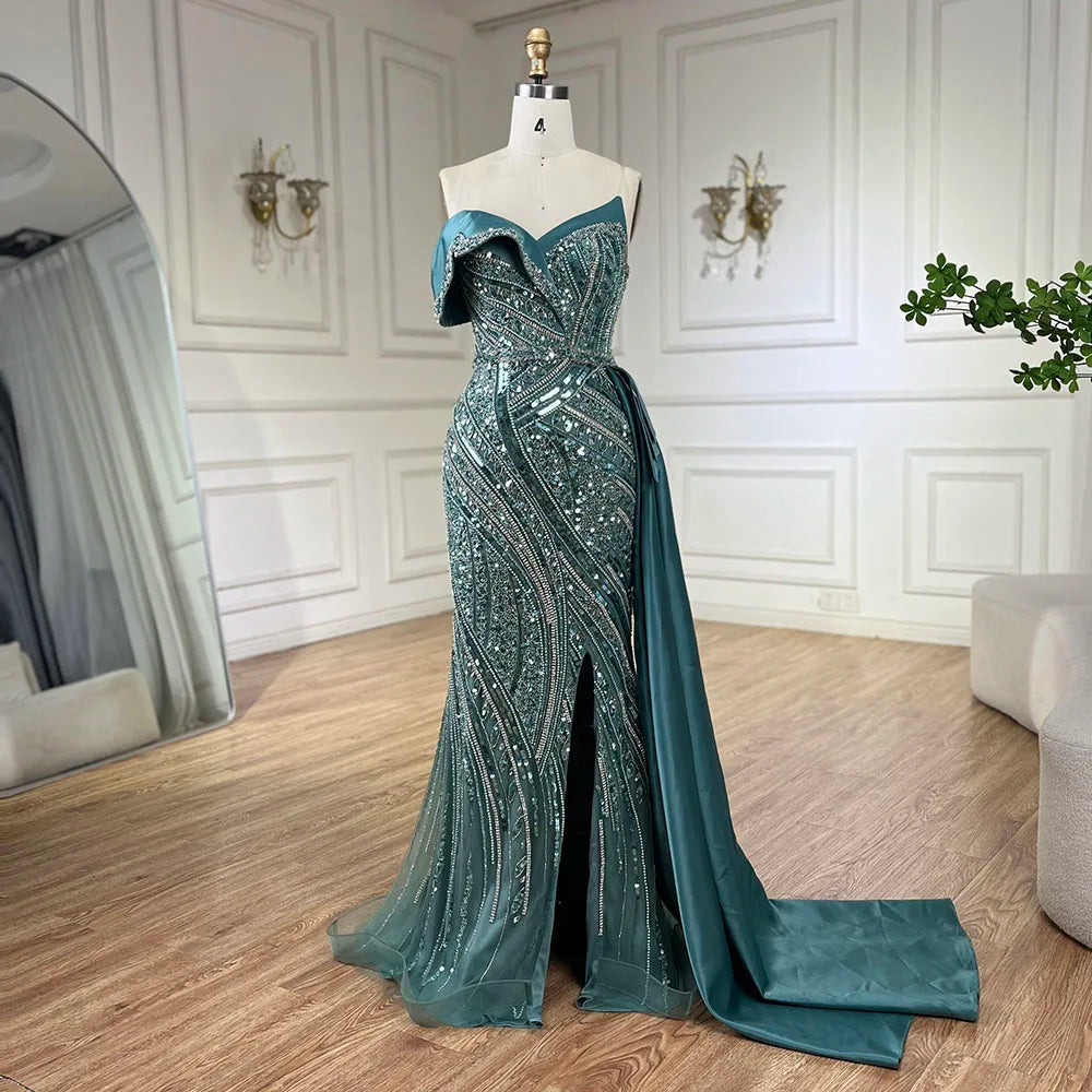 Serene Hill 2024 Arabic Turquoise Beaded Evening Dresses Luxury Dubai Elegant One Shoulder Women Wedding Party Gowns LA72335