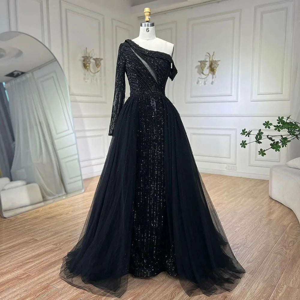 Serene Hill 2024 Black One-Shoulder With Overskirt Luxury Beaded  Formal Occasion Evening Dresses Gowns for Women Party LA72424A