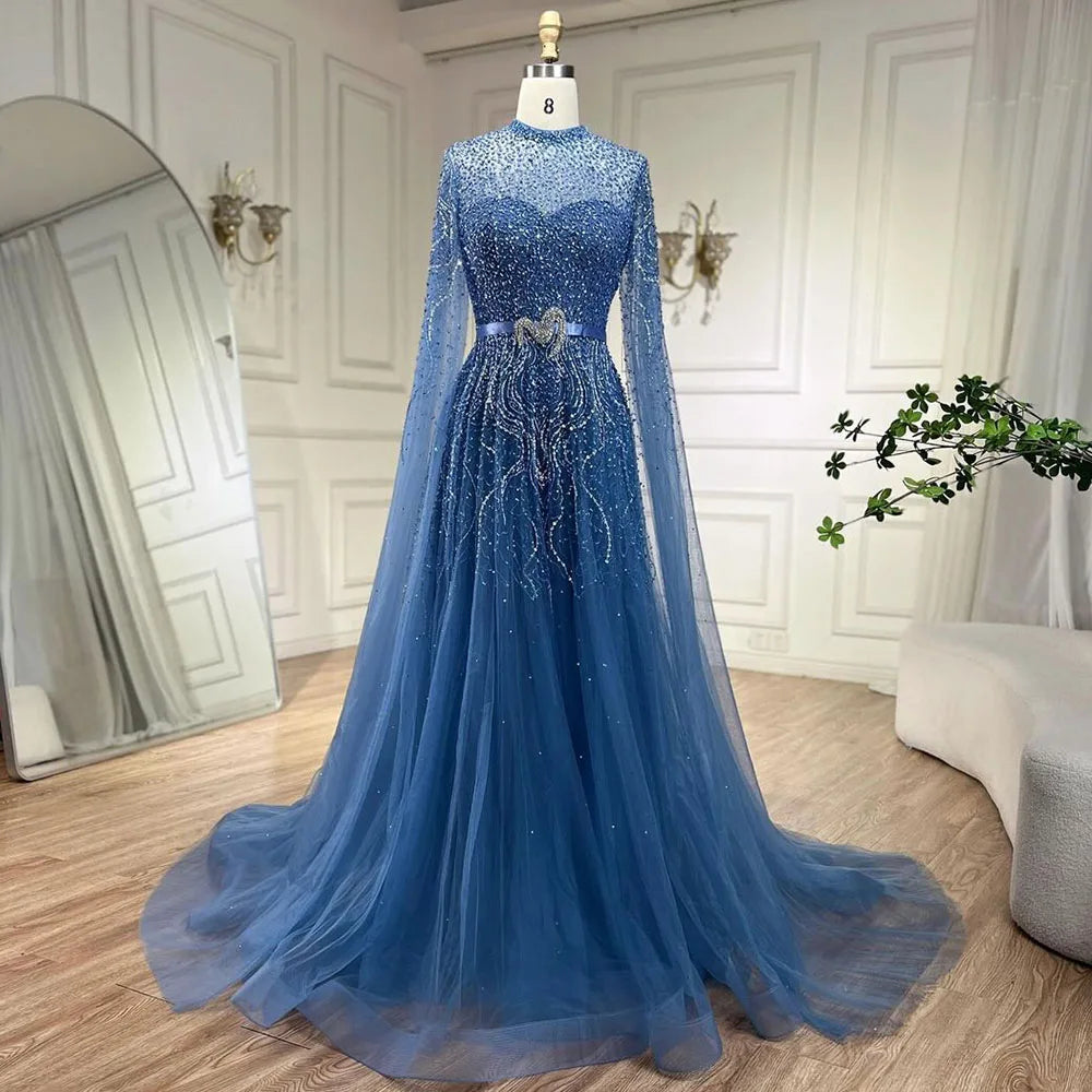 Serene Hill 2024 Blue A-Line Cape Sleeves High Neck Luxury Beaded Evening Gowns for Women Plus Size Party LA70066BB