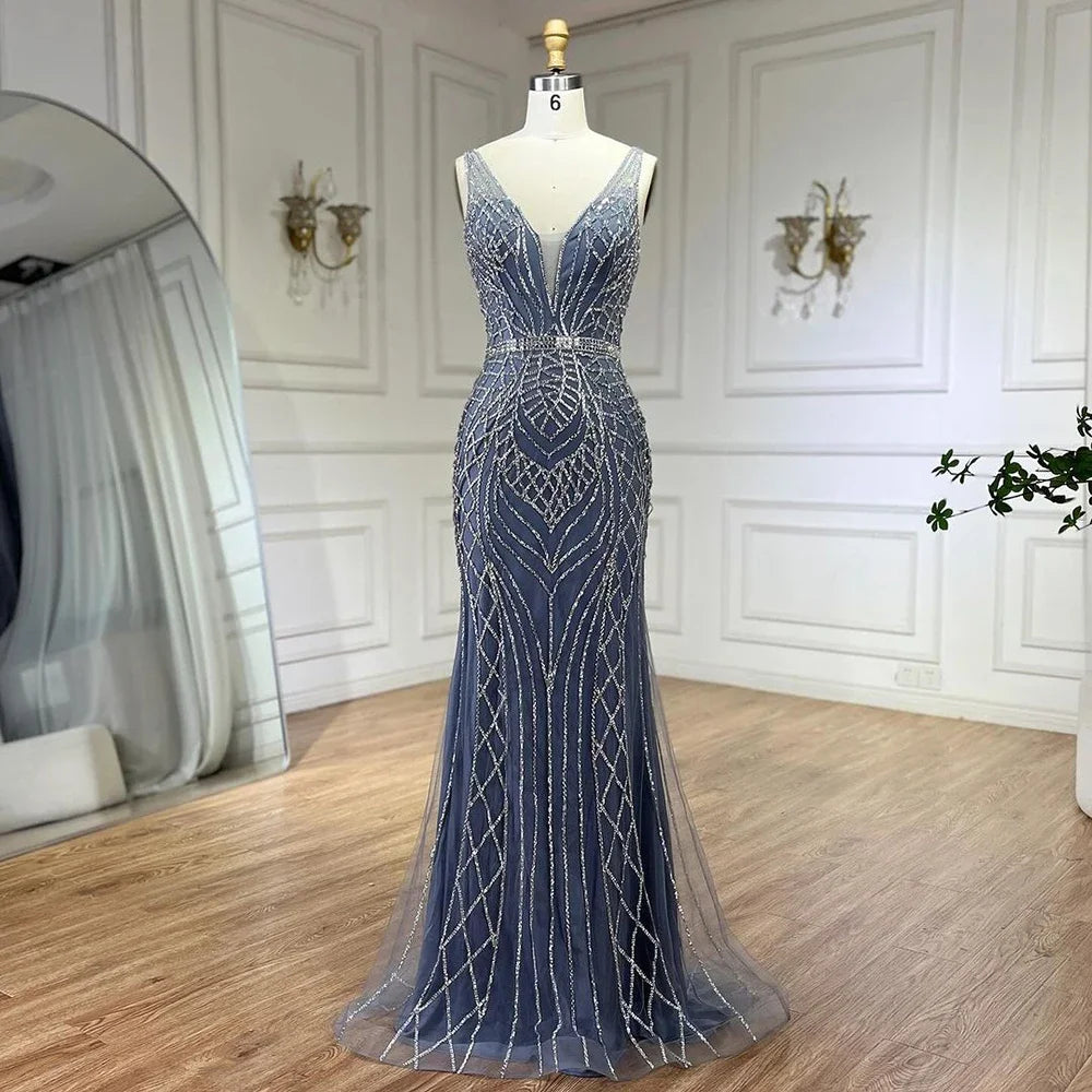 Serene Hill 2024 Blue Mermaid Elegant Spaghetti Straps Beaded Luxury Evening Dresses Gowns for Woman Wedding Party LA72450