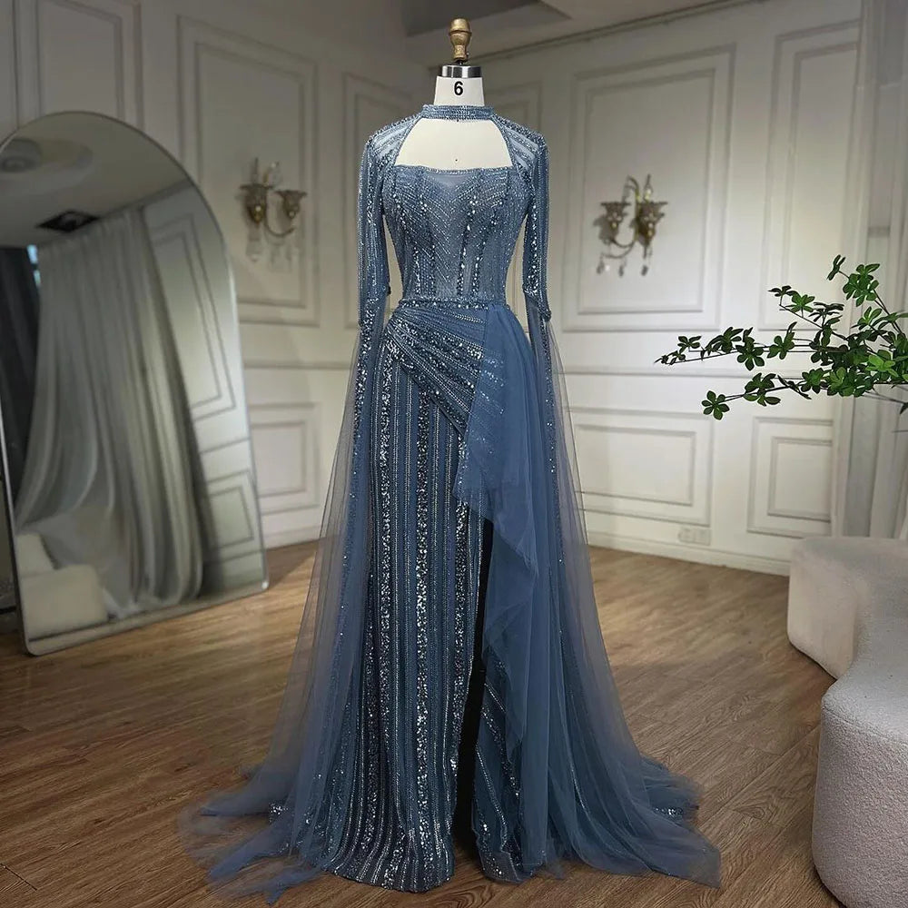 Serene Hill 2024 Blue Mermaid Evening Gowns Luxury Beaded High Split Cape Sleeves Long Dresses for Women's Wedding Party LA72312