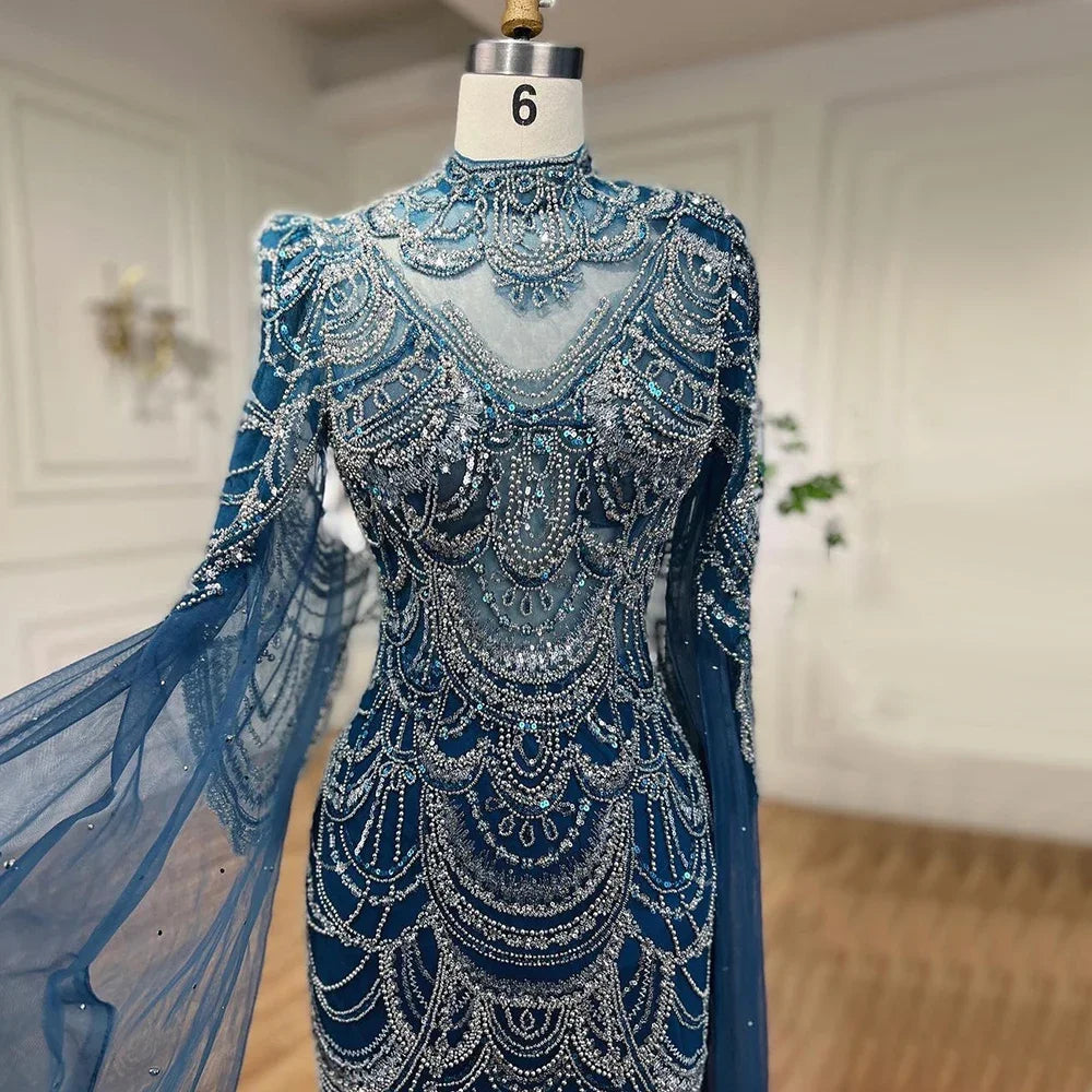 Serene Hill 2024 Blue Mermaid Lace Beaded Formal Occasion Evening Dresses Cape Sleeve for Woman Wedding Prom Party Gowns LA72033