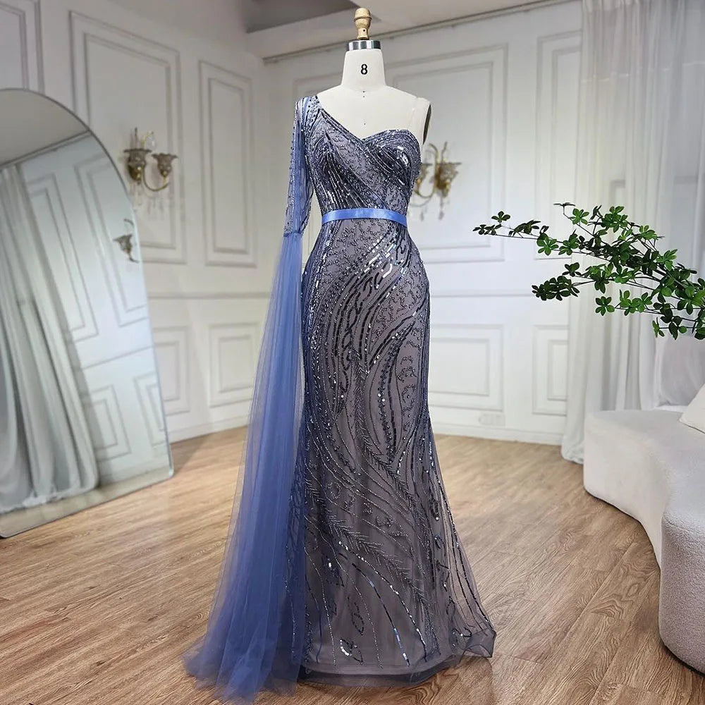 Serene Hill 2024 Blue Mermaid One Shoulder Elegant Cape Sleeve Beaded Evening Dresses Gowns For Women Wedding Party LA72294