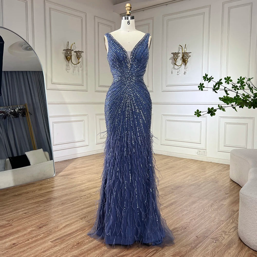 Serene Hill 2024 Blue Spaghetti Strap Luxury Dubai Evening Gowns with Feathers and Beading for Women Wedding Party LA72525