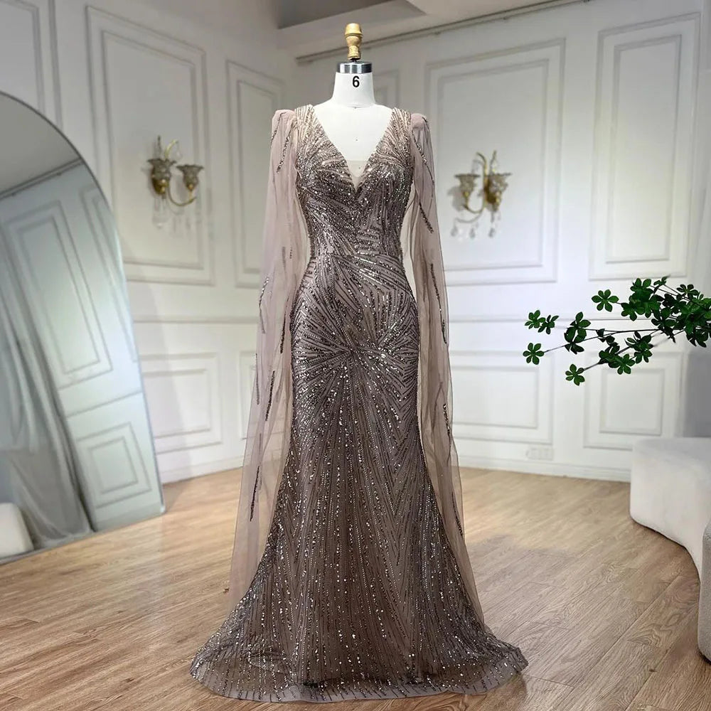 Serene Hill 2024 Caramel Mermaid Cape Sleeves Beaded Sequined Luxury Dubai Evening Dresses Gowns for Women Wedding Party LA72428