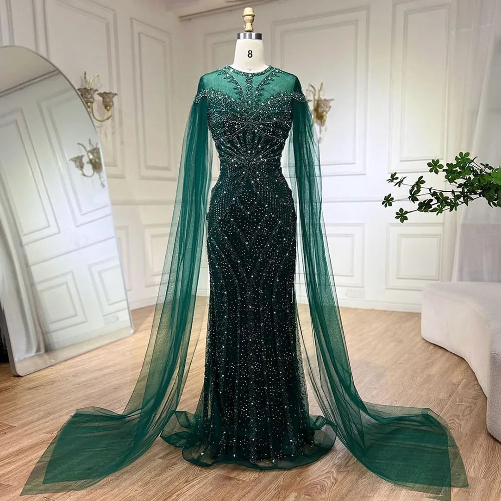 Serene Hill 2024 Dubai Arabic Green Mermaid Elegant Cape Sleeves Beaded Luxury Evening Dresses Gowns Women Wedding Party LA72437