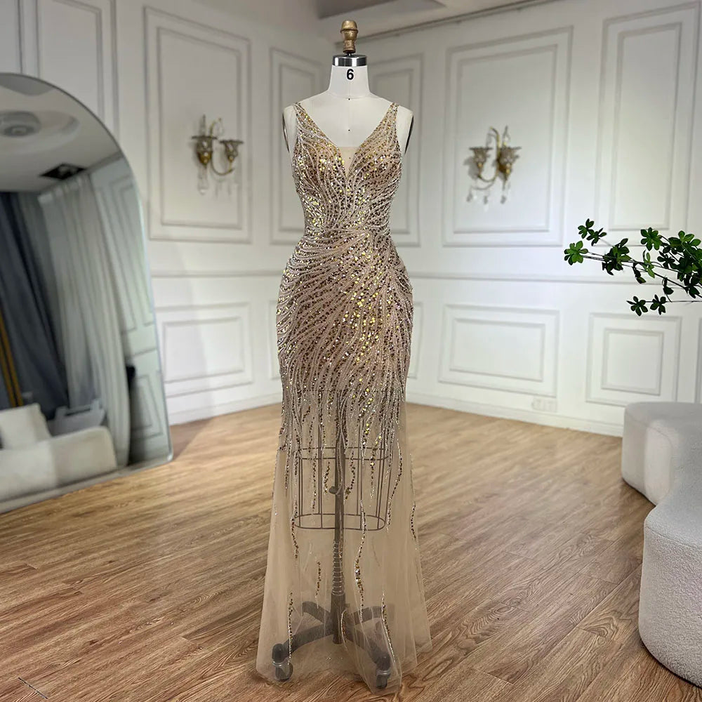 Serene Hill 2024 Gold Backless Spaghetti Strap Mermaid Beaded Luxury Evening Dresses Gowns for Women Wedding Party LA72615