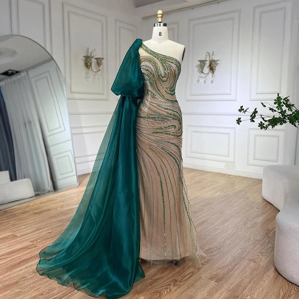 Serene Hill 2024 Green One Shoulder Long Cloak Mermaid Beaded Luxury Evening Dresses Gowns for Women Wedding Party LA72282