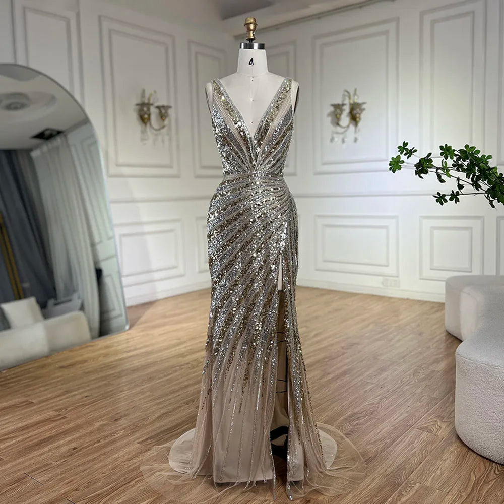 Serene Hill 2024 Gold Mermaid Spaghetti Strap Side Split Beaded Luxury Evening Dresses Gowns for Women Wedding Party LA72613