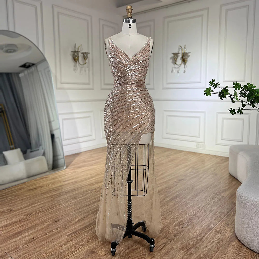 Serene Hill 2024 Gold Mermaid Spaghetti Strap Side Split Beaded Luxury Evening Dresses Gowns for Women Wedding Party LA72614