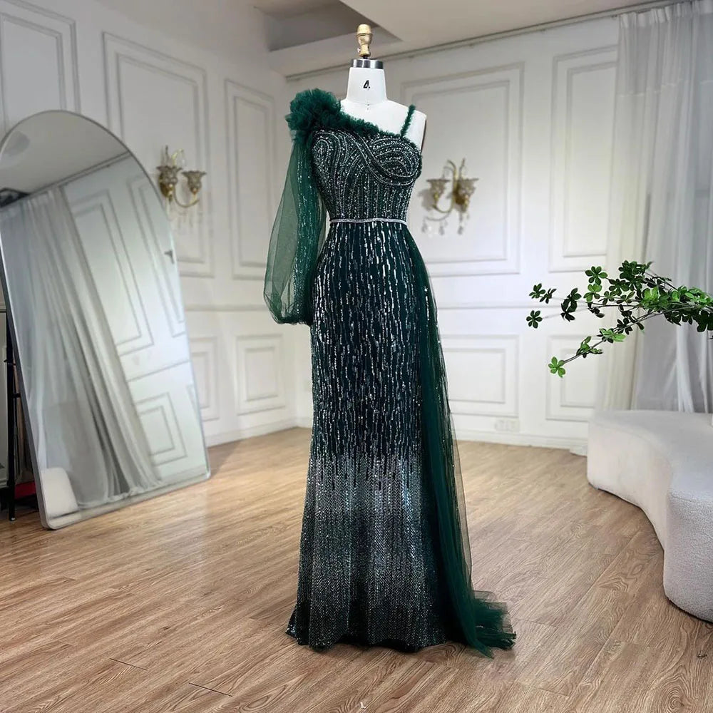 Serene Hill 2024 Green One Shoulder Elegant With Overskirt Mermaid Beaded Evening Dresses Gowns for Women Wedding Party LA72408