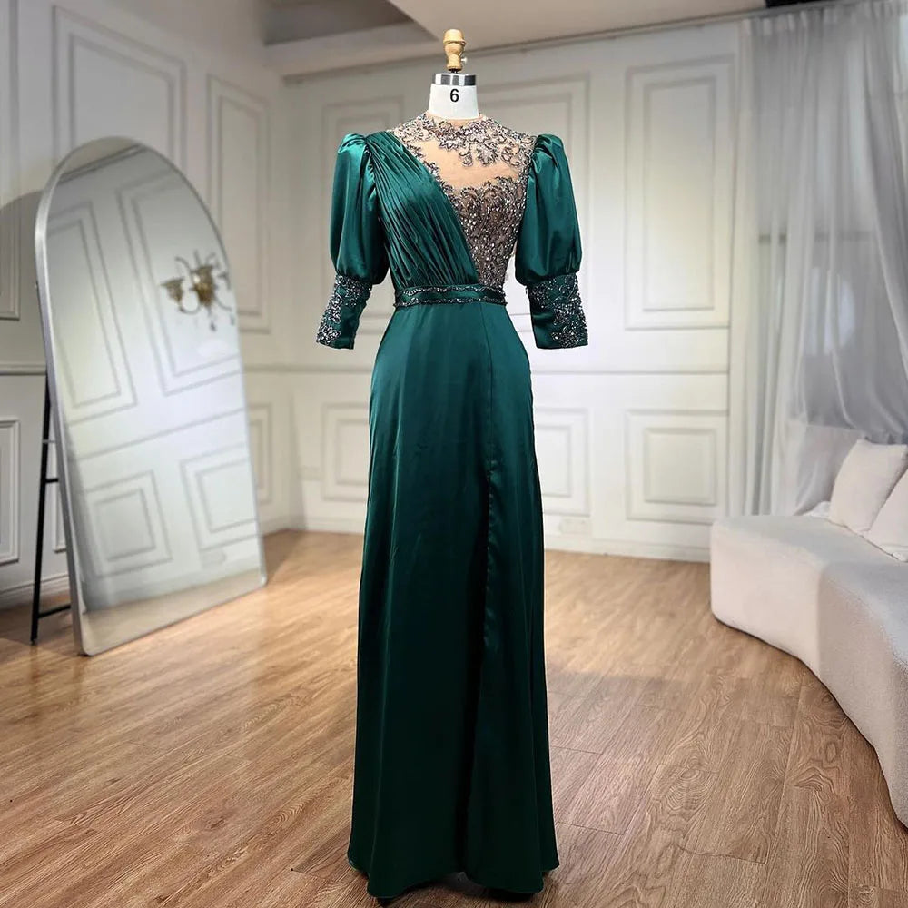 Serene Hill 2024 Green Satin Three Quarter Mermaid Evening Dresses Gowns Elegant Lace Beaded for Women Wedding Party LA71510A