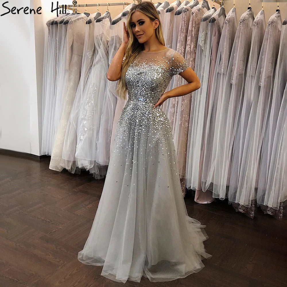 On Sale no return no refundSerene Hill 2024 Grey Luxury A Line Evening Dresses with Short Sleeves and Beaded Elegant Gowns for Women's Party LA70976