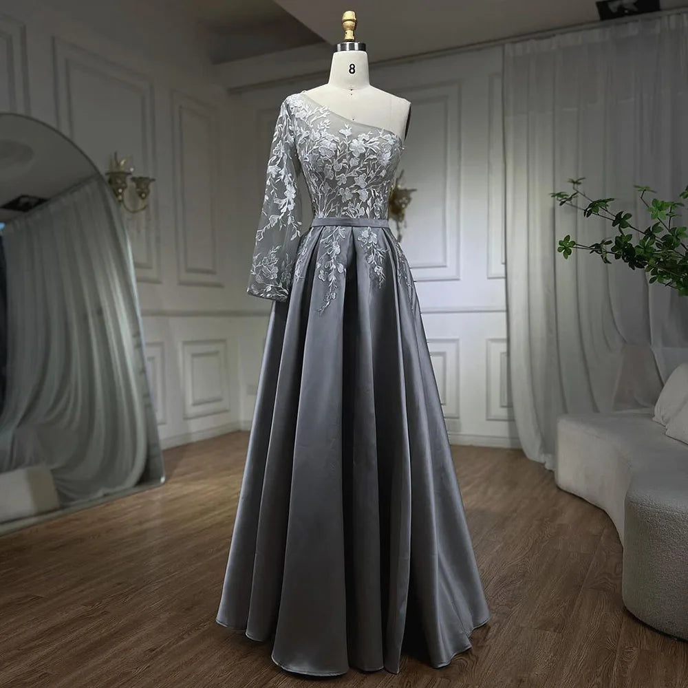 Serene Hill 2024 Grey Satin Elegant Evening Dress One Shoulder Handmade Flowers A Line Formal Gown LA70043