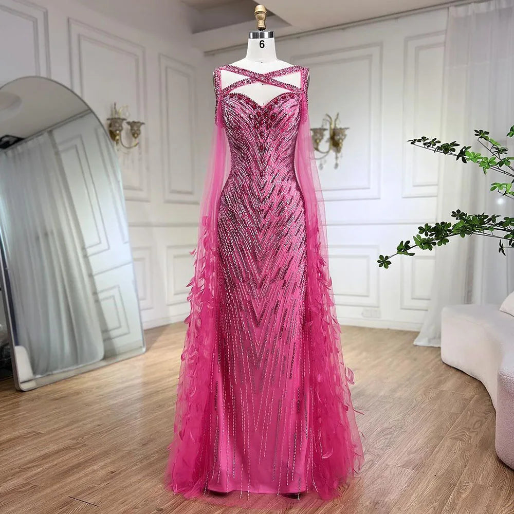 Serene Hill 2024 Ladies Wedding Party Fuchsia Elegant Cape Sleeve Mermaid Luxury Beaded Feather Evening Dress Long Dress LA72286