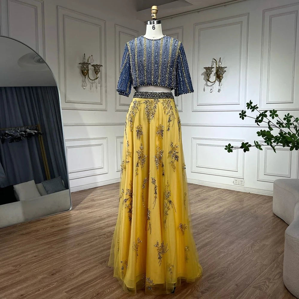 Serene Hill 2024 Luxury Dubai Blue and Yellow Piece Evening Gowns for Women Elegant Long Formal Prom Wedding Party Dress LA72470