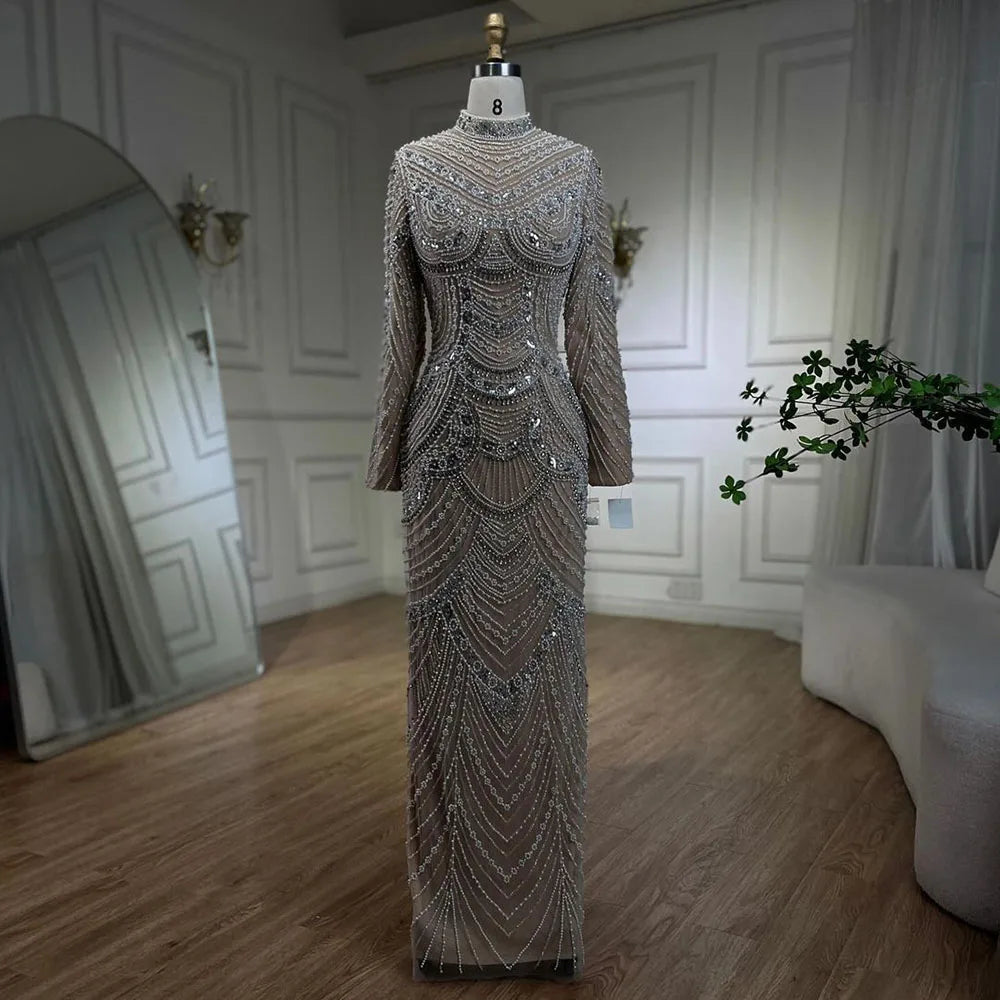 Serene Hill 2024 Muslim Nude Elegant Mermaid High Split Beaded Luxury Evening Dresses Gowns  For Women Wedding Party LA72091L