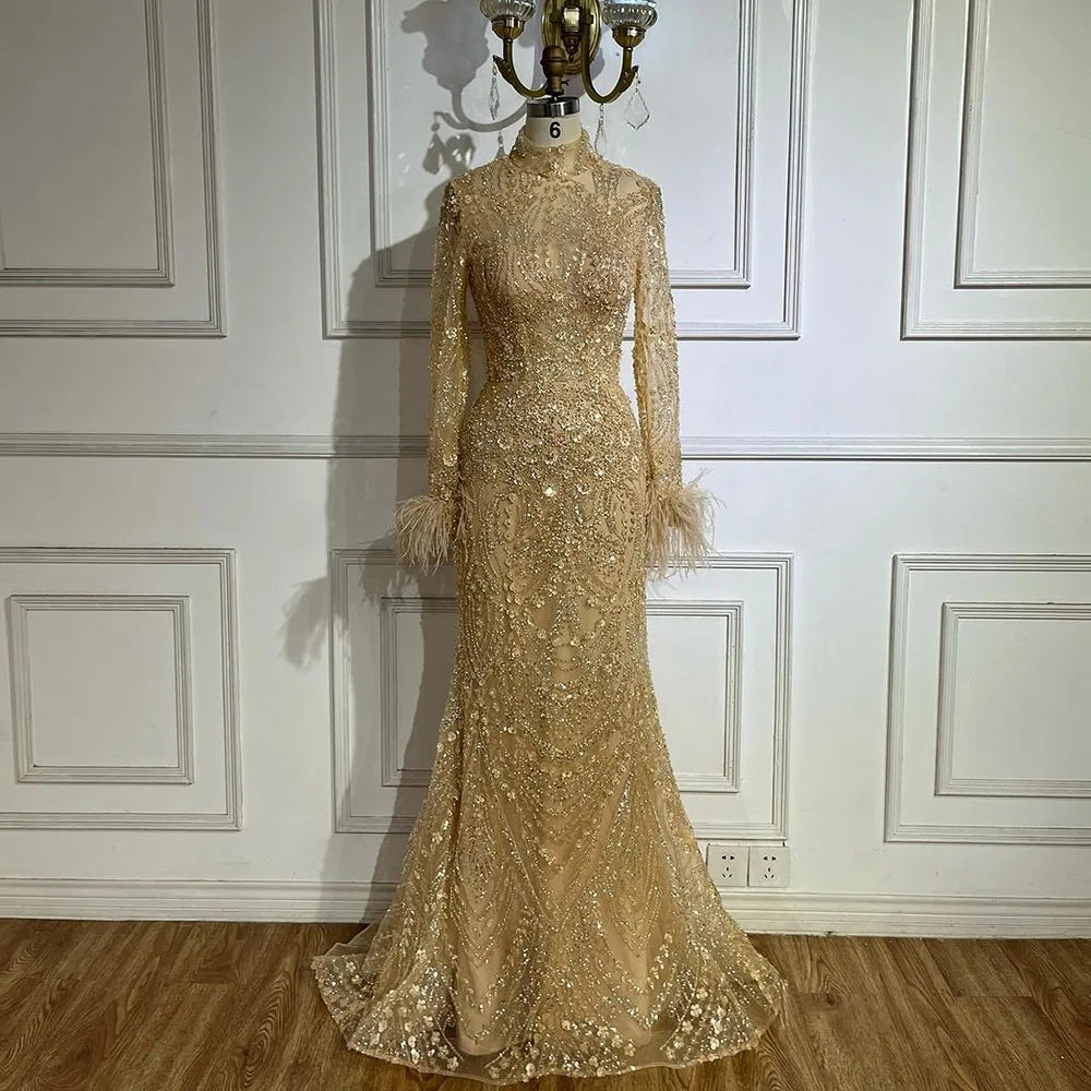 Serene Hill 2024 Muslim Women Wedding Party Dubai Gowns Gold Luxury Beaded Feathers Mermaid Long Evening Dresses LA72546