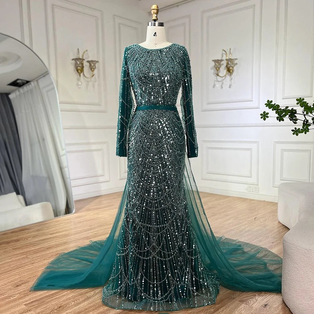 Serene Hill 2024 Muslim Women Wedding Party Dubai Gowns green Overskirt Luxury Beaded Mermaid Long Evening Dresses LA72032D