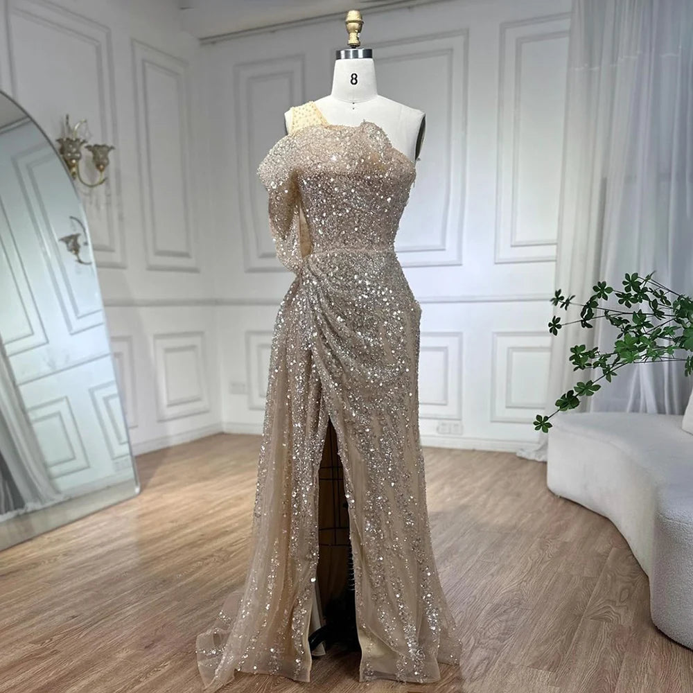 Serene Hill 2024 Nude One Shoulder Split Beaded Dubai Luxury Mermaid Evening Dresses Gowns for Women Wedding Party LA72385