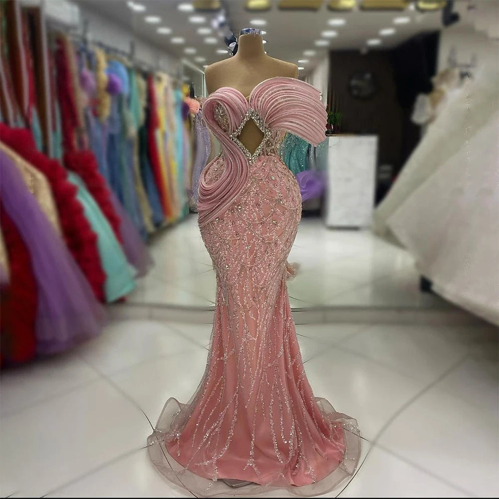 Serene Hill 2024 Pink Mermaid Elegant One Shoulder Luxury Beaded Cut Out Evening Dresses Gowns for Women Wedding Party LA72455