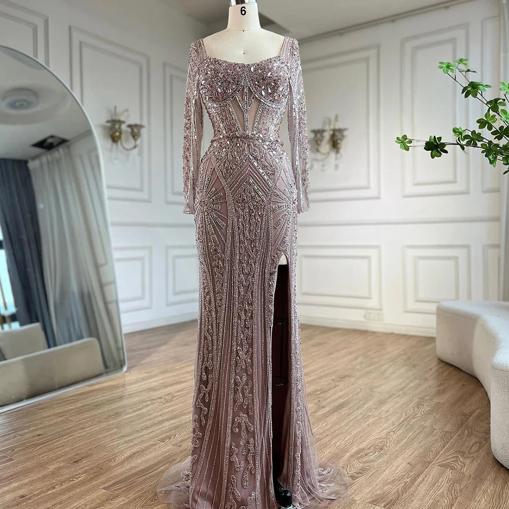 Serene Hill 2024 Women Wedding Parties Dubai Arabia Luxury Beaded Evening Dresses Gowns Green Elegant Split Mermaid LA72518